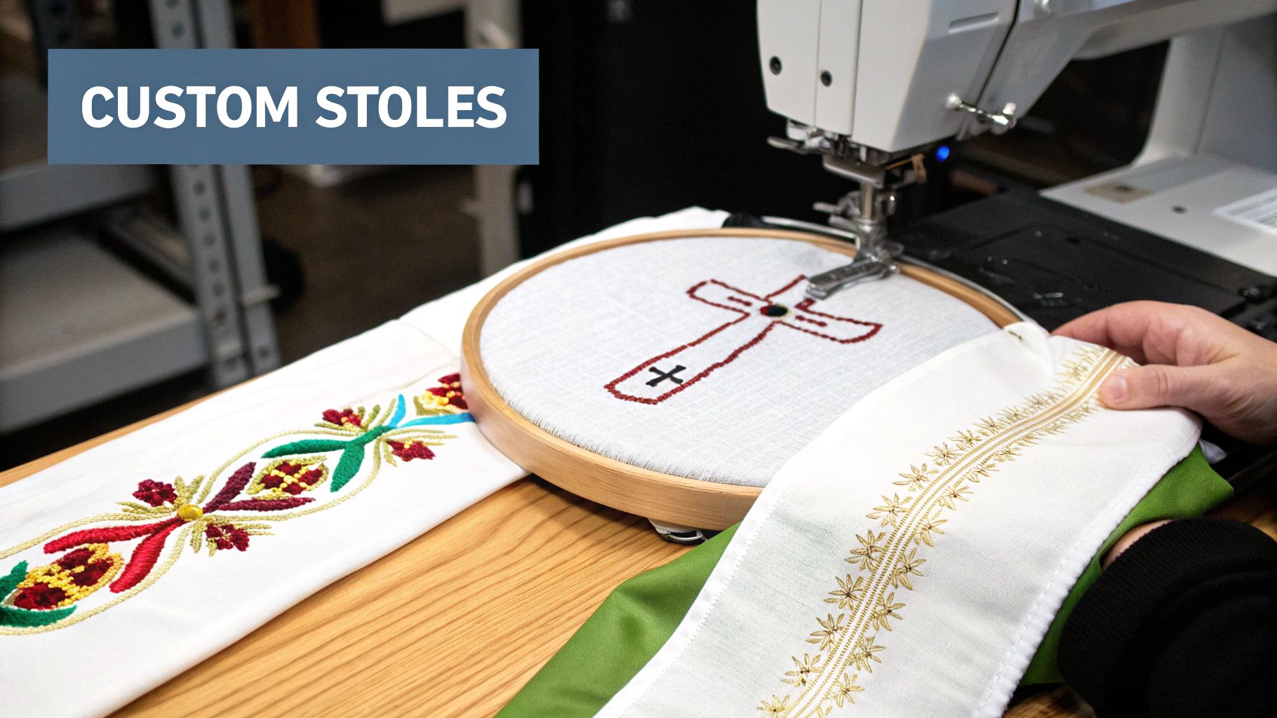 Embroidery machine working on a cross design for custom church stoles, next to finished pieces.