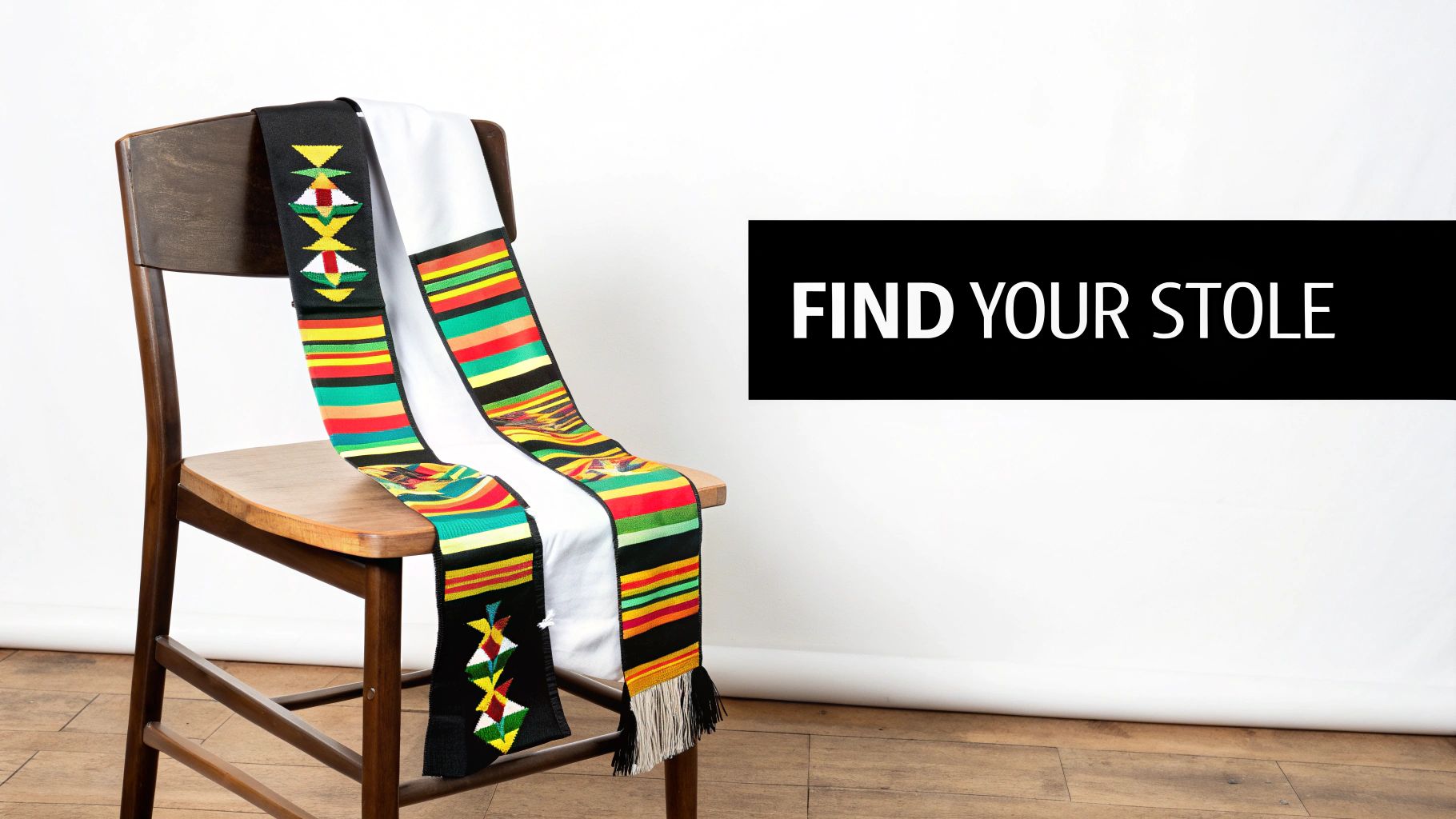 Several colorful graduation stoles with intricate embroidery hanging on a rack.