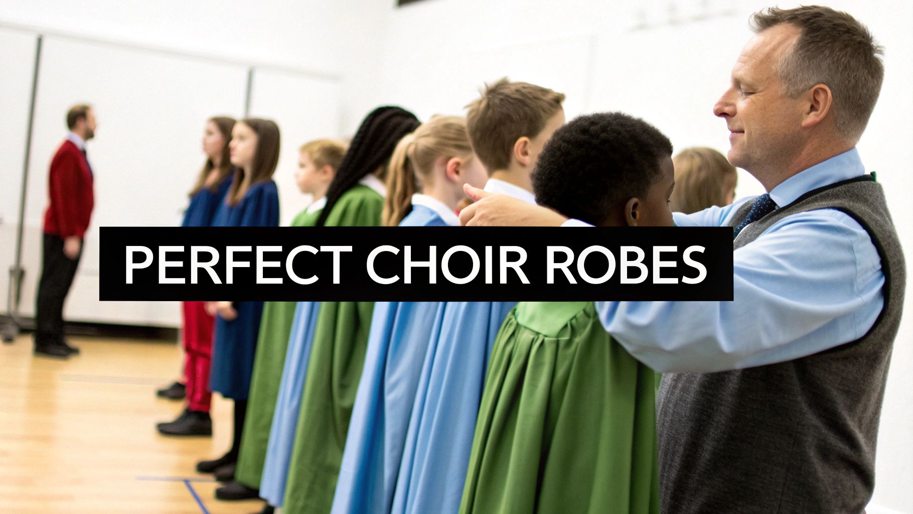 An adult male helps a line of children in blue and green choir robes prepare for a performance.