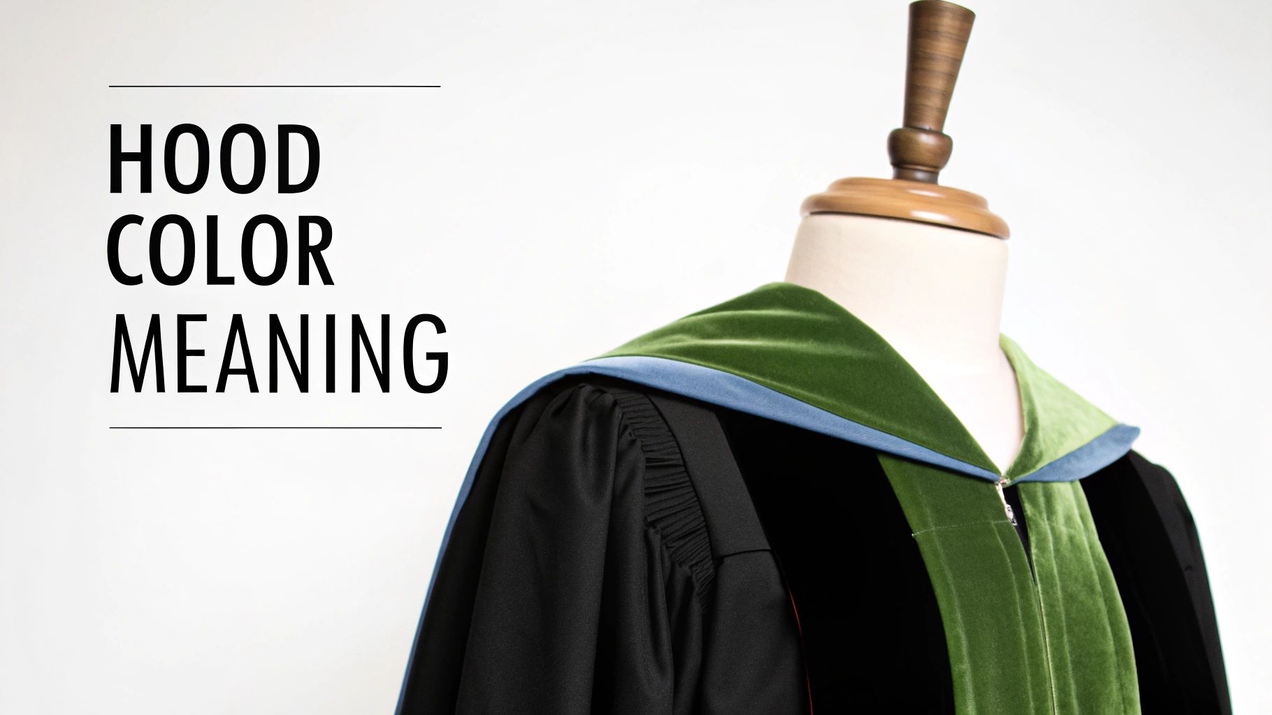 Black graduation gown with a green and blue academic hood on a mannequin, illustrating hood color meaning.