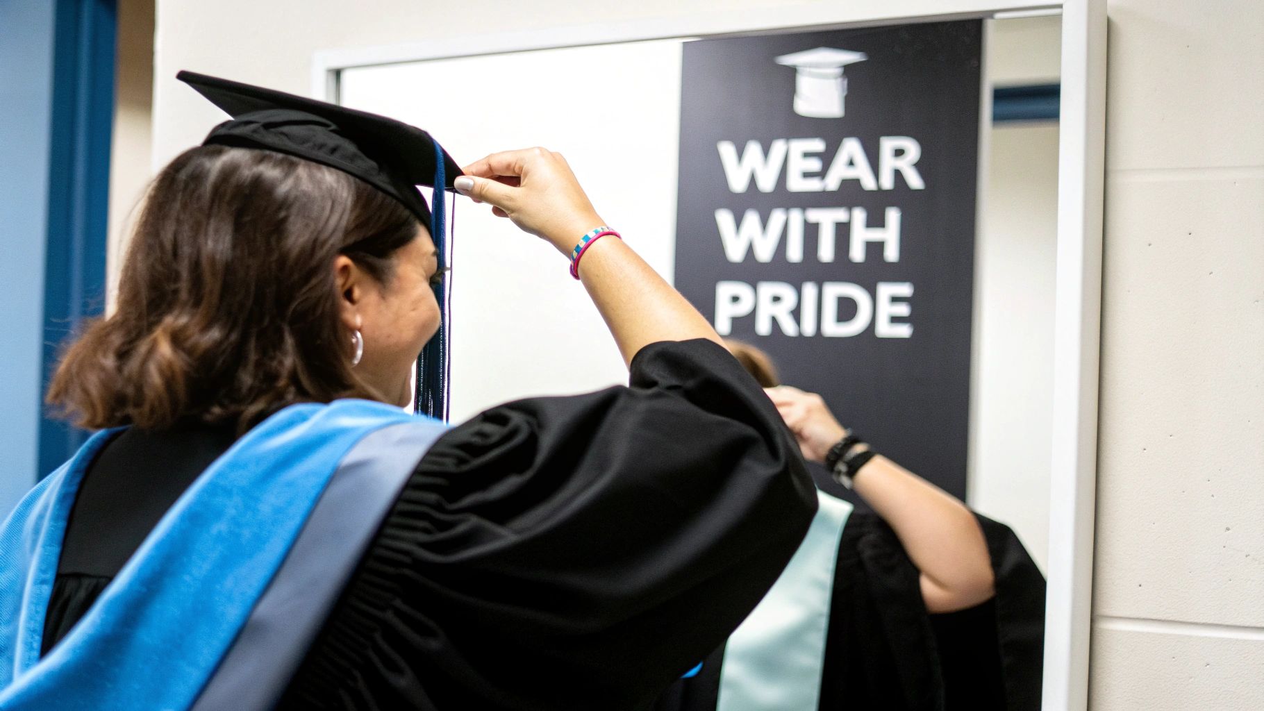 A graduate in a black gown and blue stole adjusts a cap tassel by a mirror.
