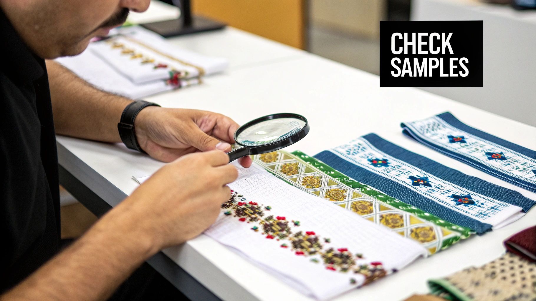A person closely inspecting the intricate embroidery on a graduation stole.