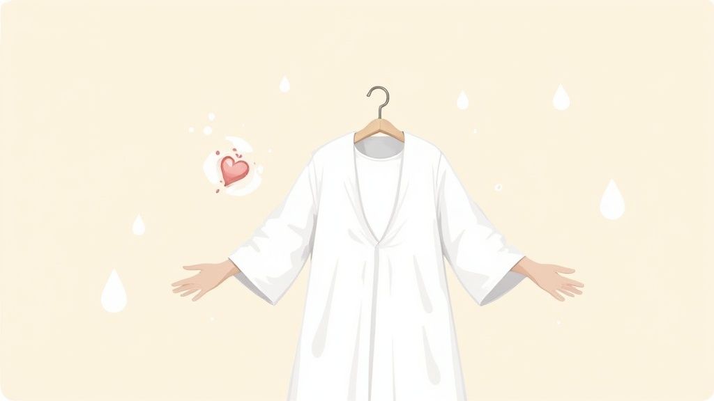 A white baptismal robe on a hanger with outstretched hands, surrounded by a heart and water droplets.