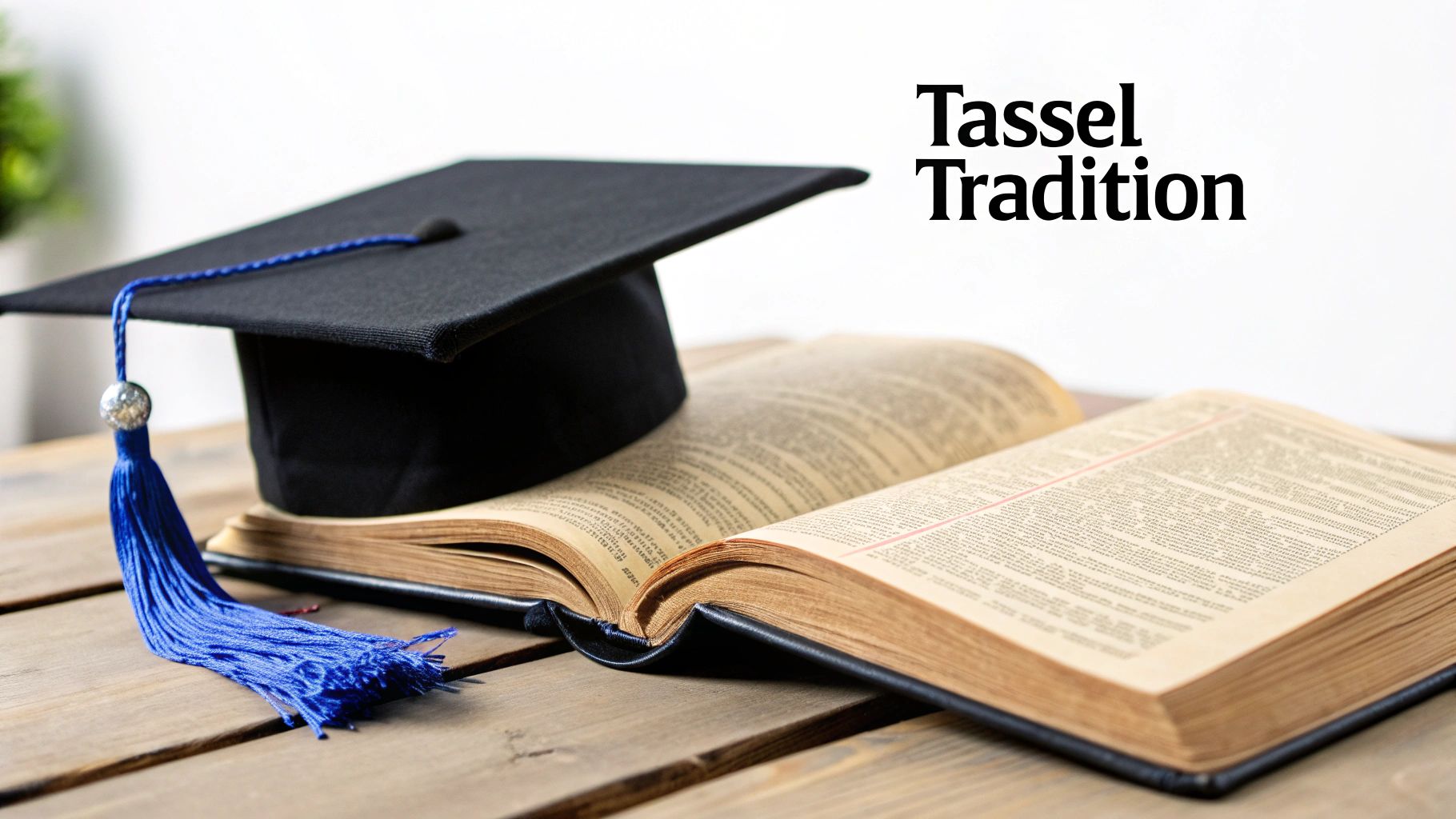 A black graduation cap with a blue tassel and an open book on a wooden table. Text reads 'Tassel Tradition'.