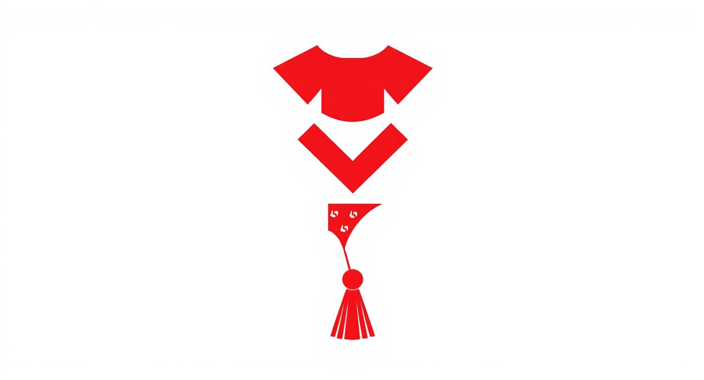 An infographic showing the hierarchy of graduation regalia, with the academic hood at the top, followed by the stole, and the honor cord at the bottom.