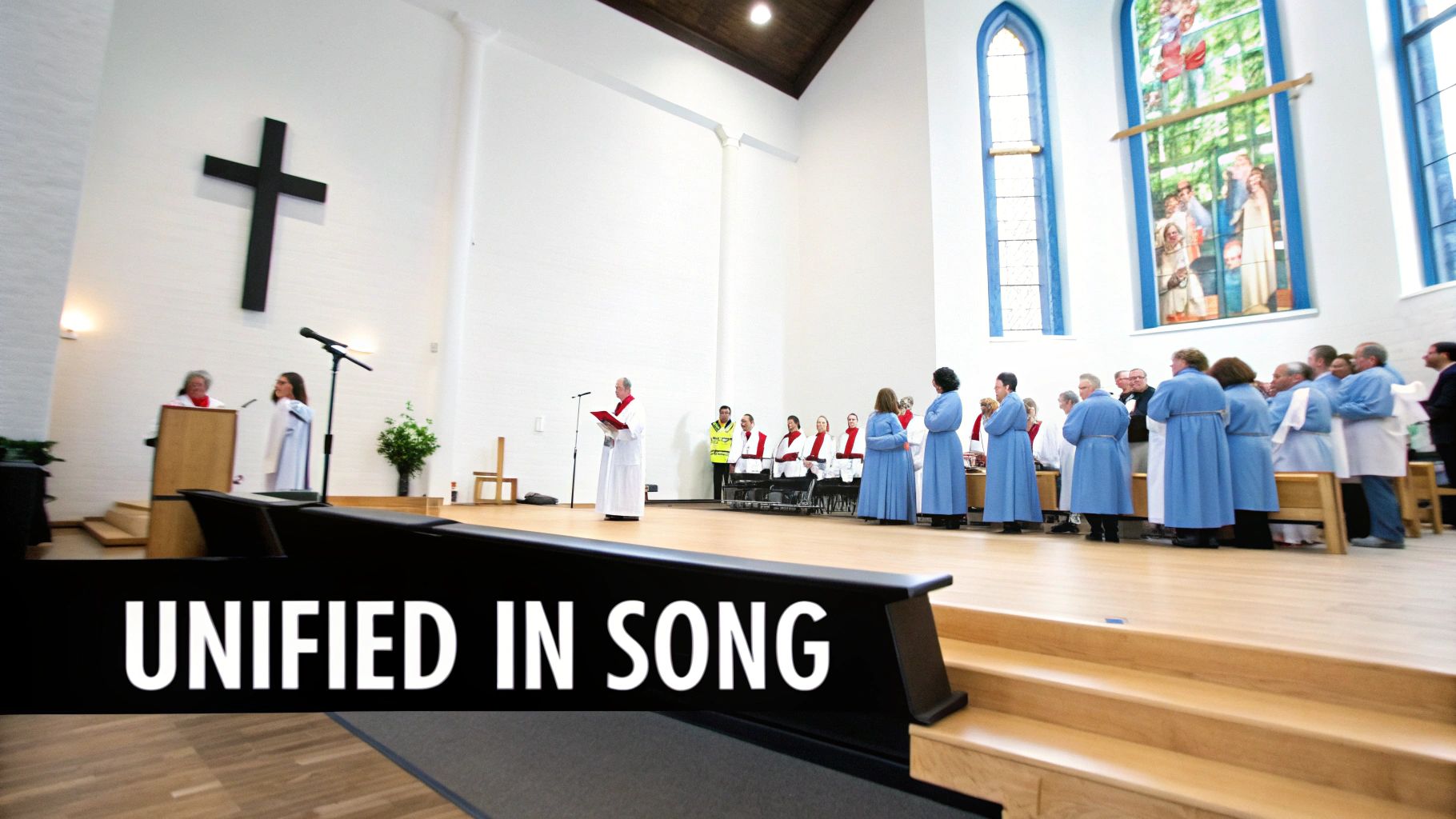 A choir performs in a modern church, featuring a large cross and stained glass.
