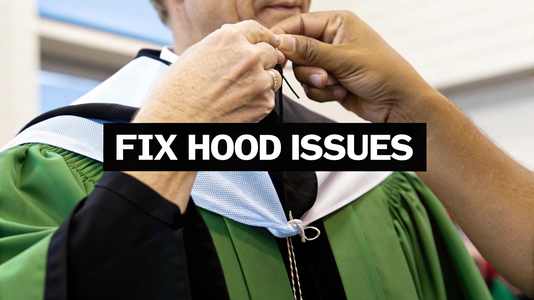 Hands adjust an academic regalia hood on a person wearing a green gown.