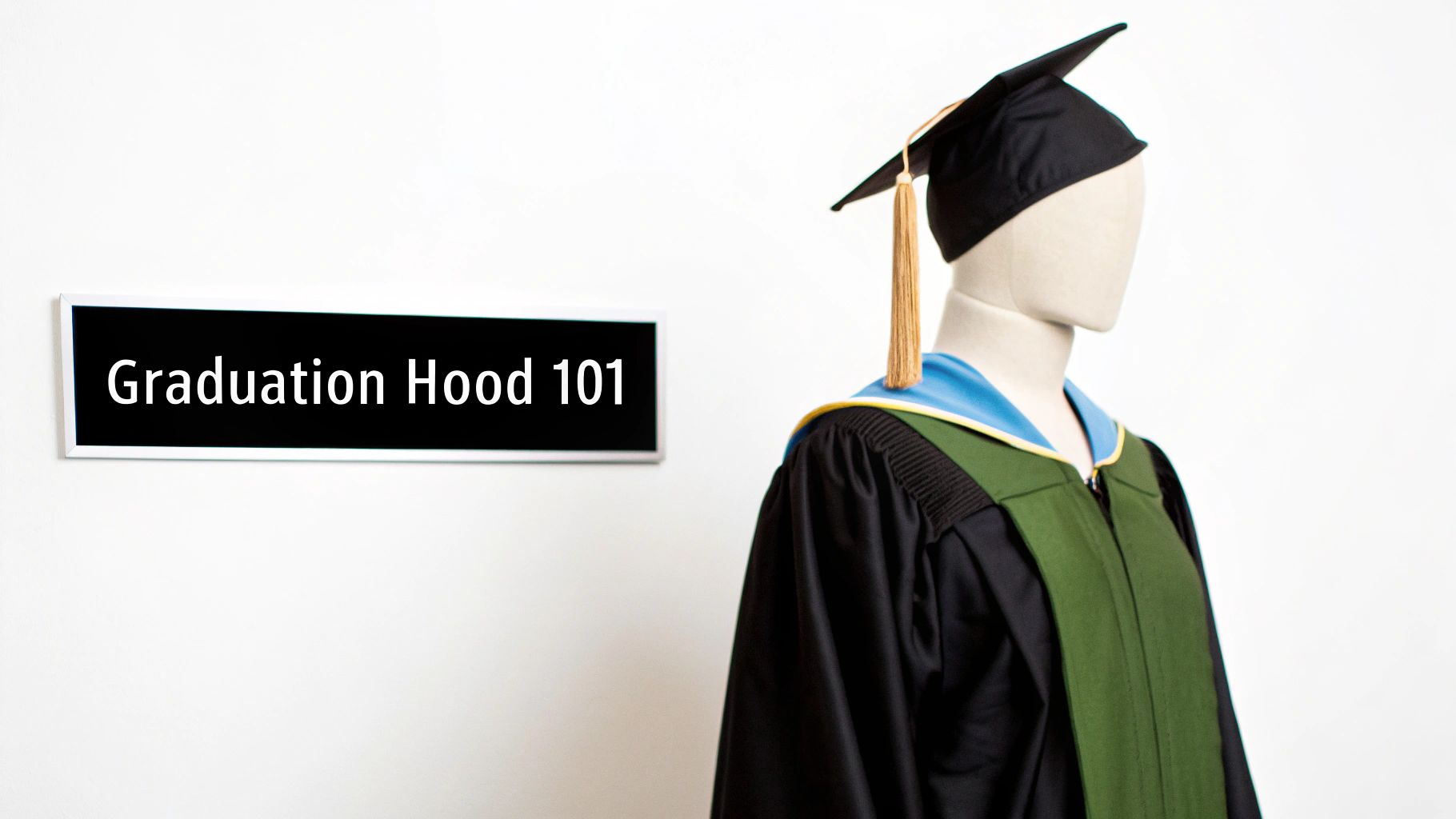 Mannequin wearing a black graduation gown, green and blue academic hood, and cap, beside a 'Graduation Hood 101' sign.