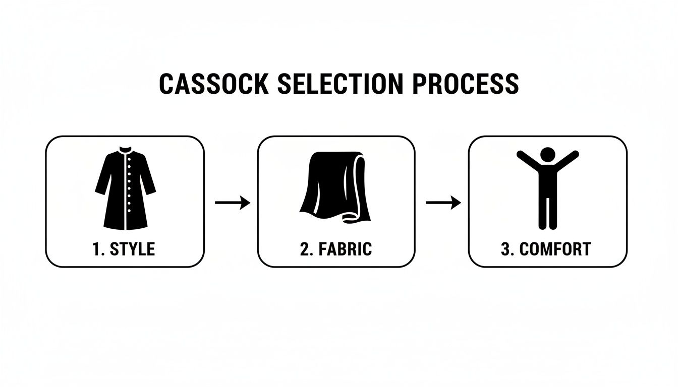 A three-step infographic outlining the cassock selection process: style, fabric, and comfort.