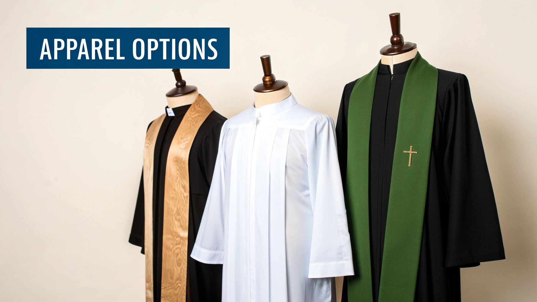 Three mannequins showcase different apparel options for choir or clergy, including robes and stoles.
