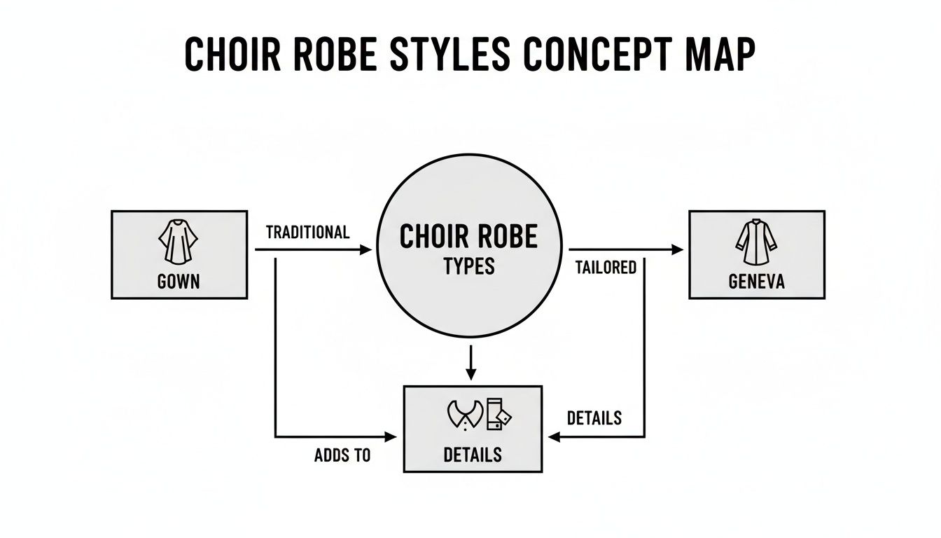 A concept map titled 'Choir Robe Styles' illustrating traditional gowns, tailored Geneva robes, and customizable details.