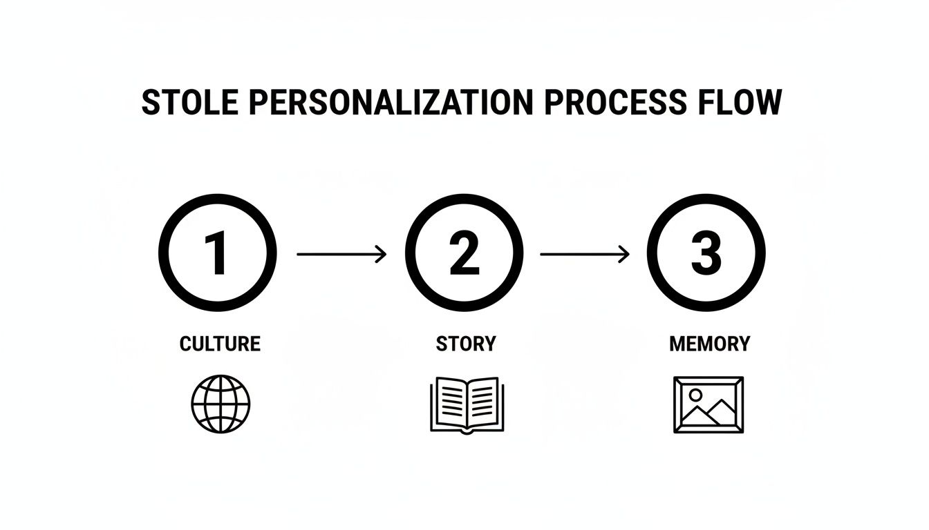 A three-step process flow for stole personalization, showing Culture, Story, and Memory.