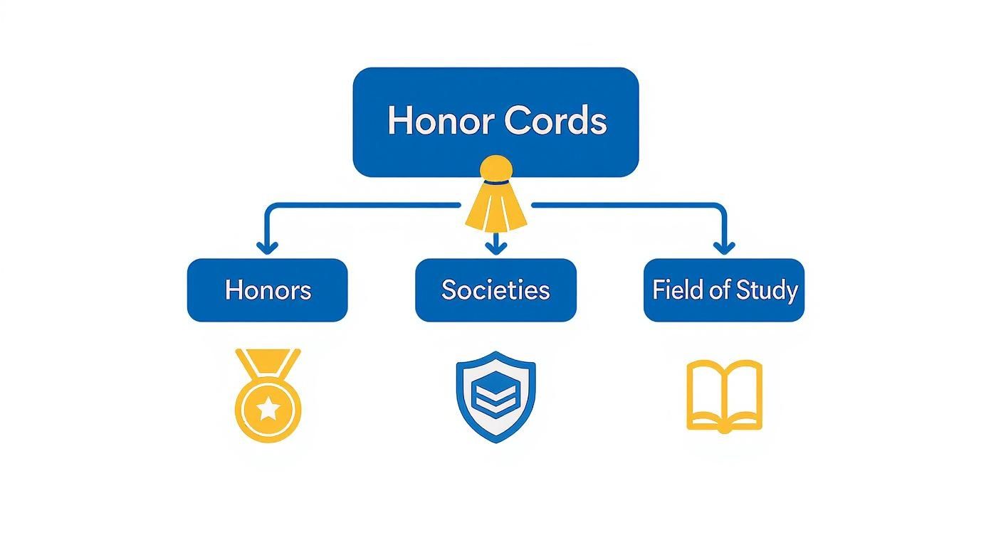 A flowchart outlining honor cords categories: Honors (medal), Societies (shield), and Field of Study (book).