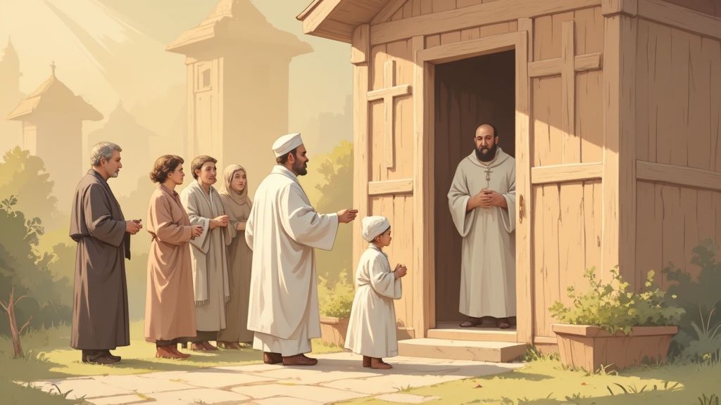A family with a child in white approaches a bearded monk at a rustic wooden chapel entrance.