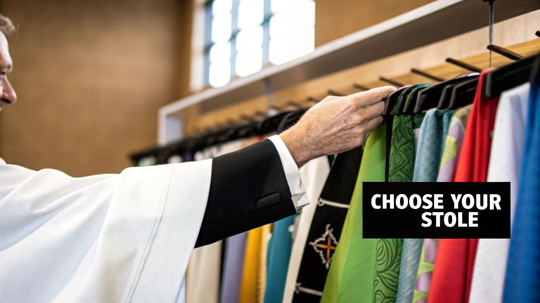 A person in a white robe reaches for a colorful stole hanging on a rack, with text 'CHOOSE YOUR STOLE'.