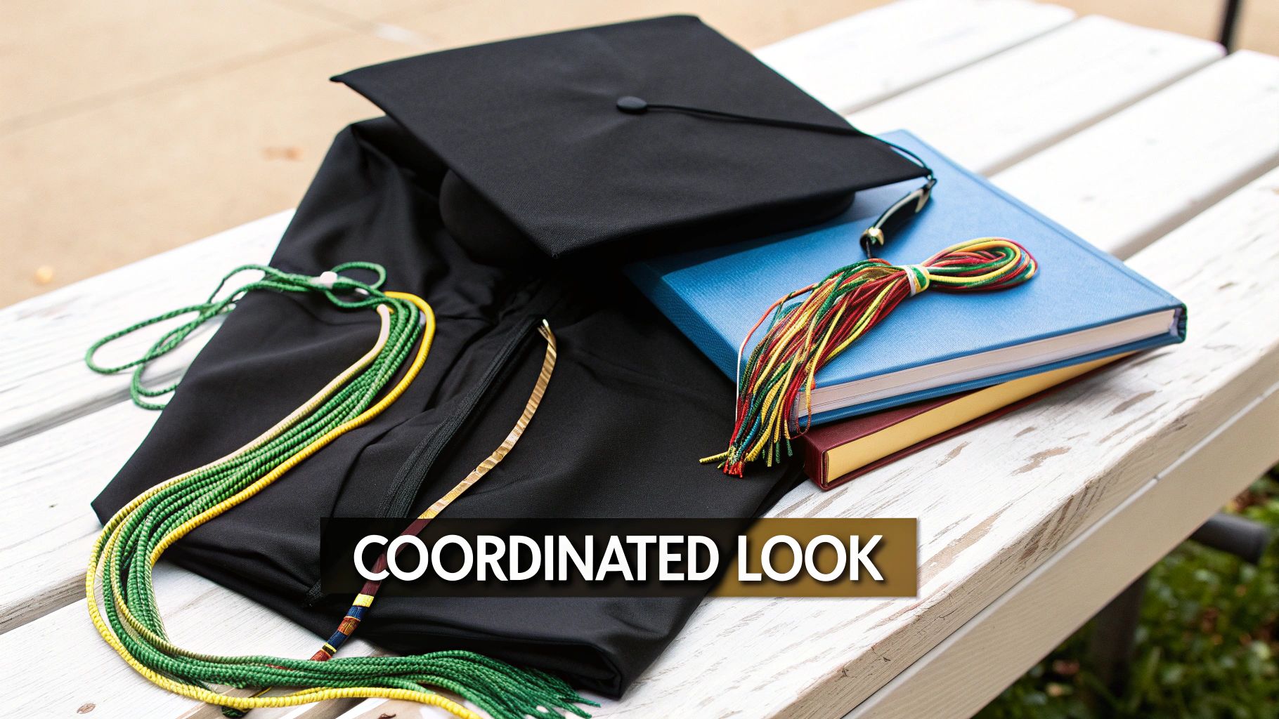 A doctoral graduate wearing a black gown, a custom stole, and honor cords, all perfectly arranged.