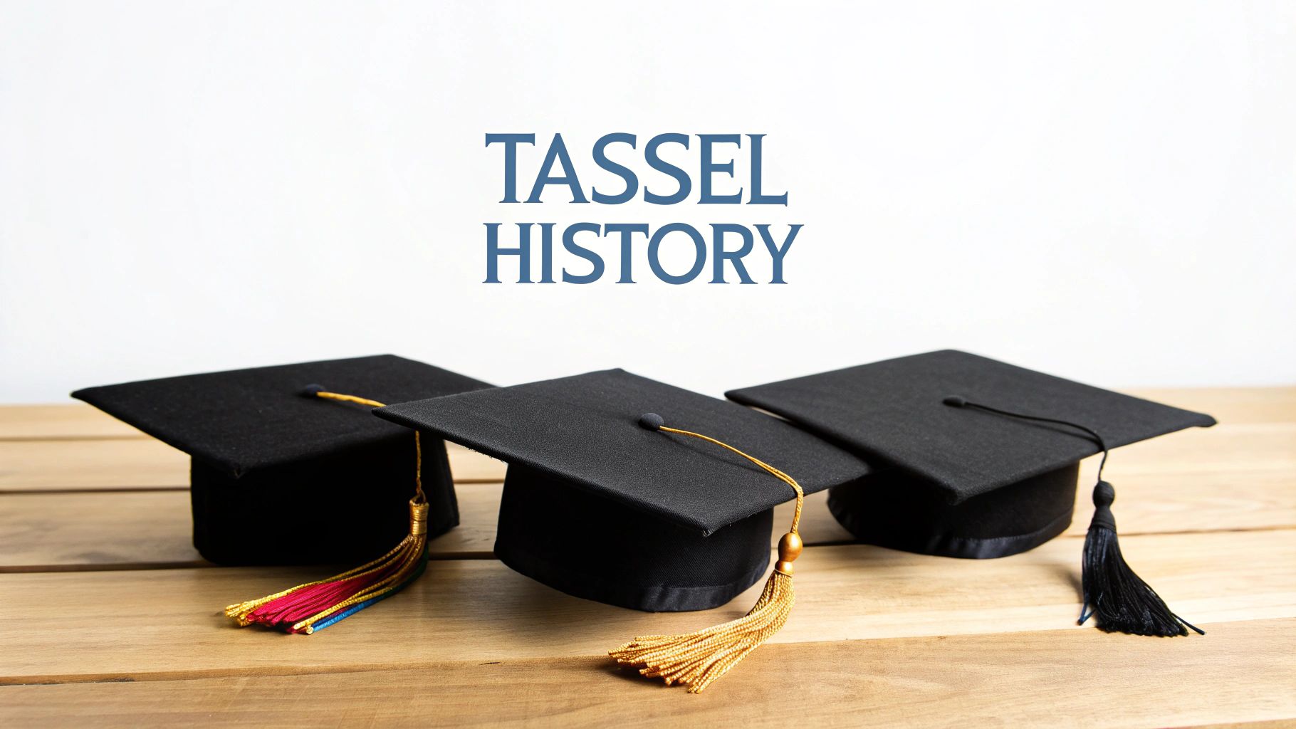 Three black graduation caps with colorful tassels rest on a wooden table, featuring 'Tassel History' text.
