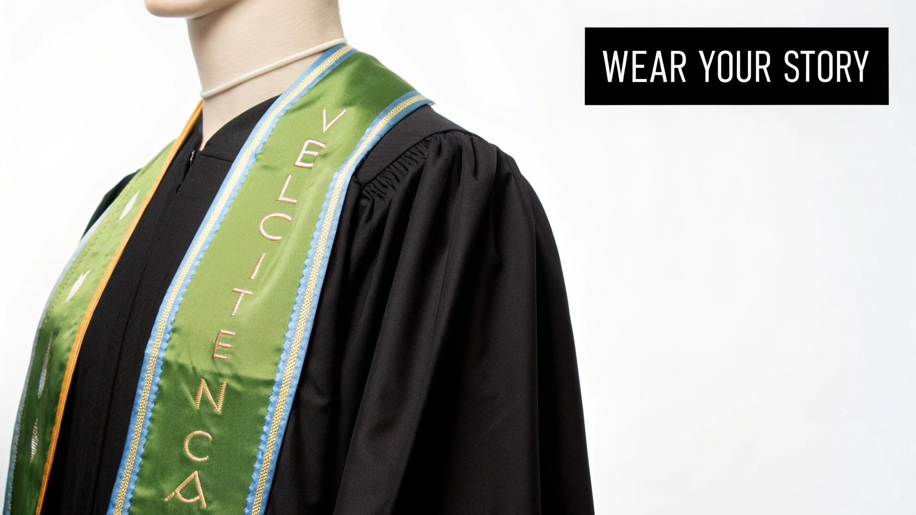 Close-up of a person wearing a black graduation gown and a green custom stole, with 'WEAR YOUR STORY' text.