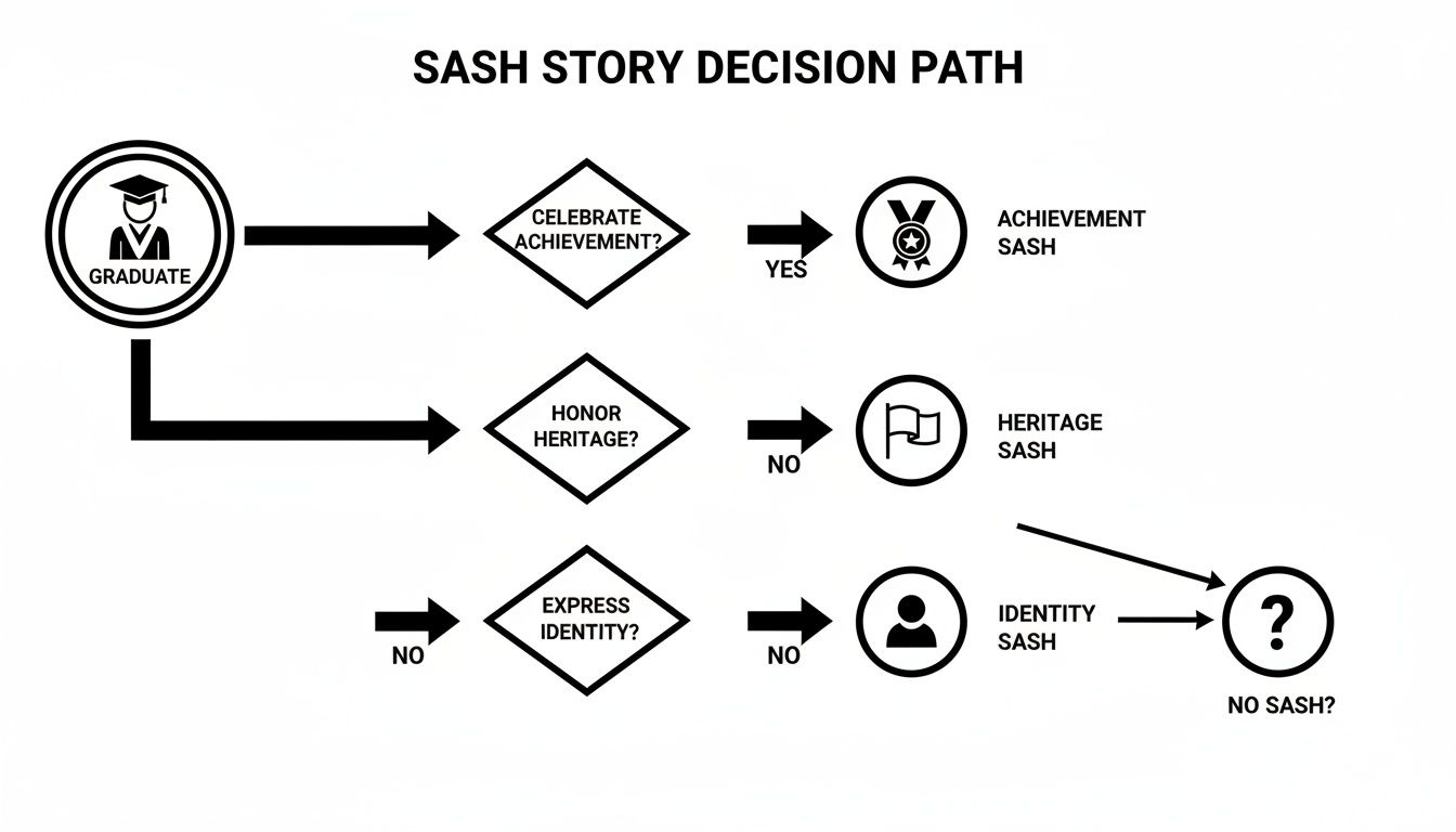 A flowchart illustrating the sash story decision path for graduates to choose achievement, heritage, or identity sashes.