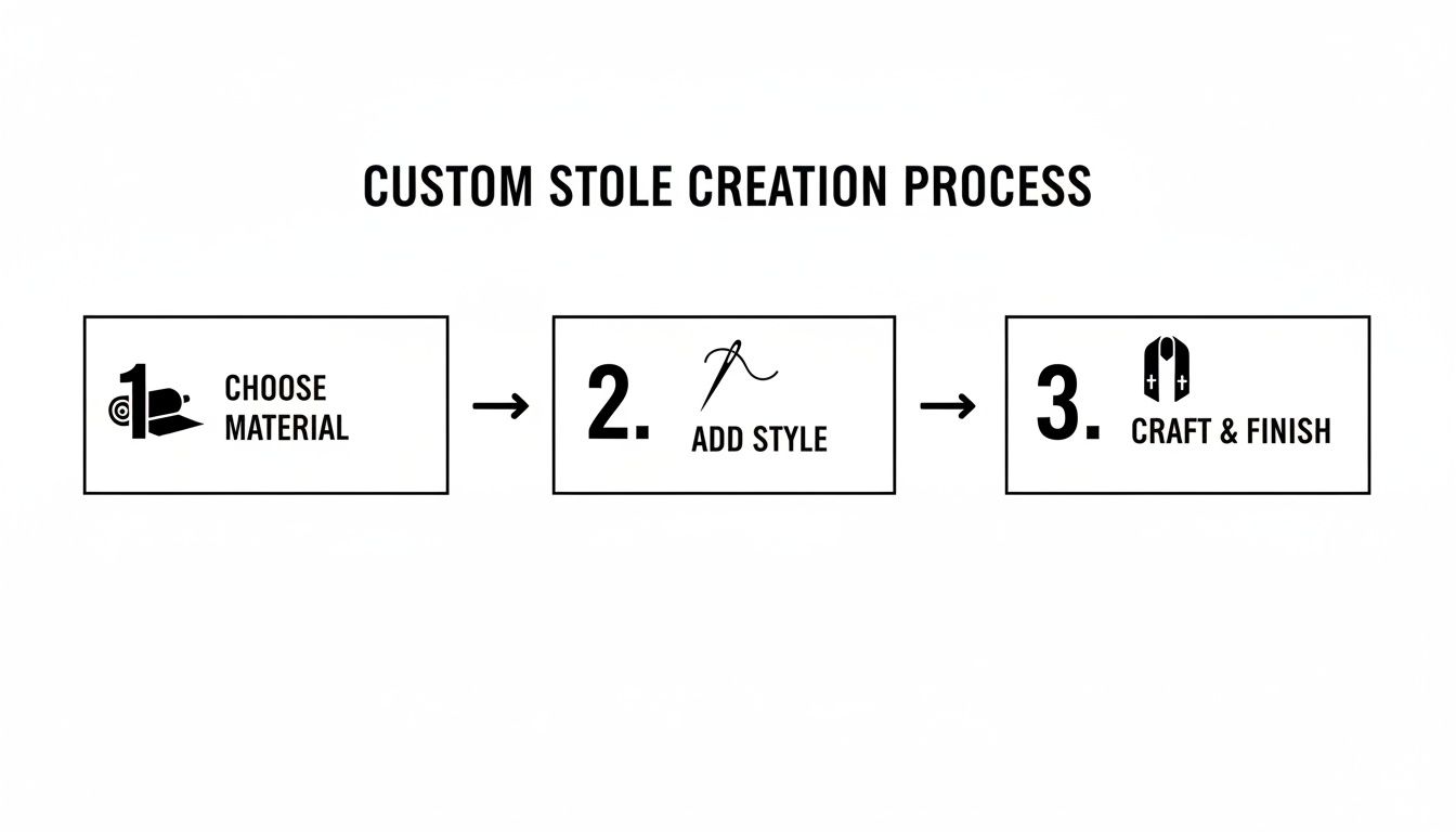 A visual infographic detailing the 3-step custom stole creation process: choose material, add style, and craft & finish.