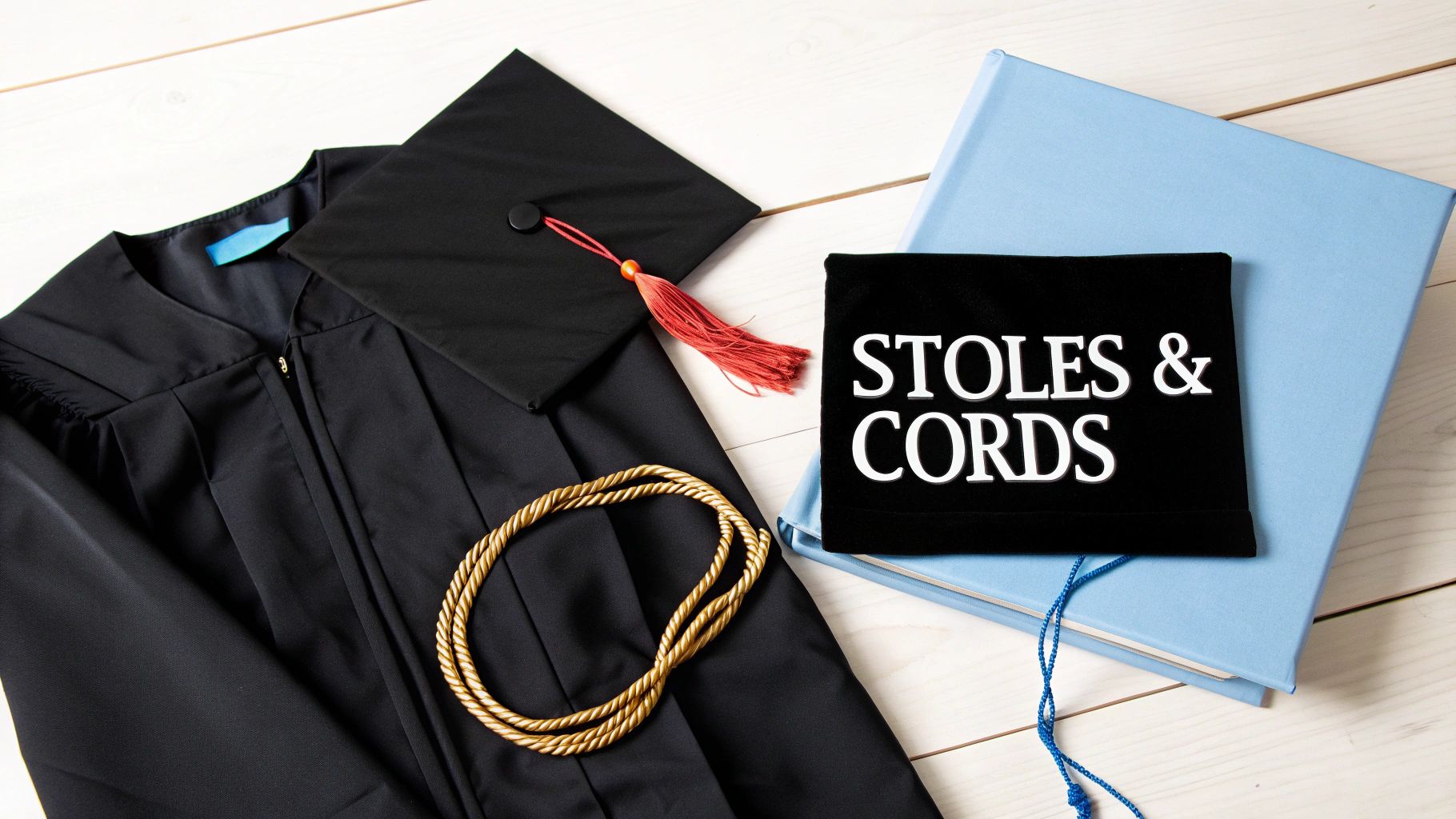 Black graduation gown with gold honor cord, red tassel cap, and stoles and cords sign