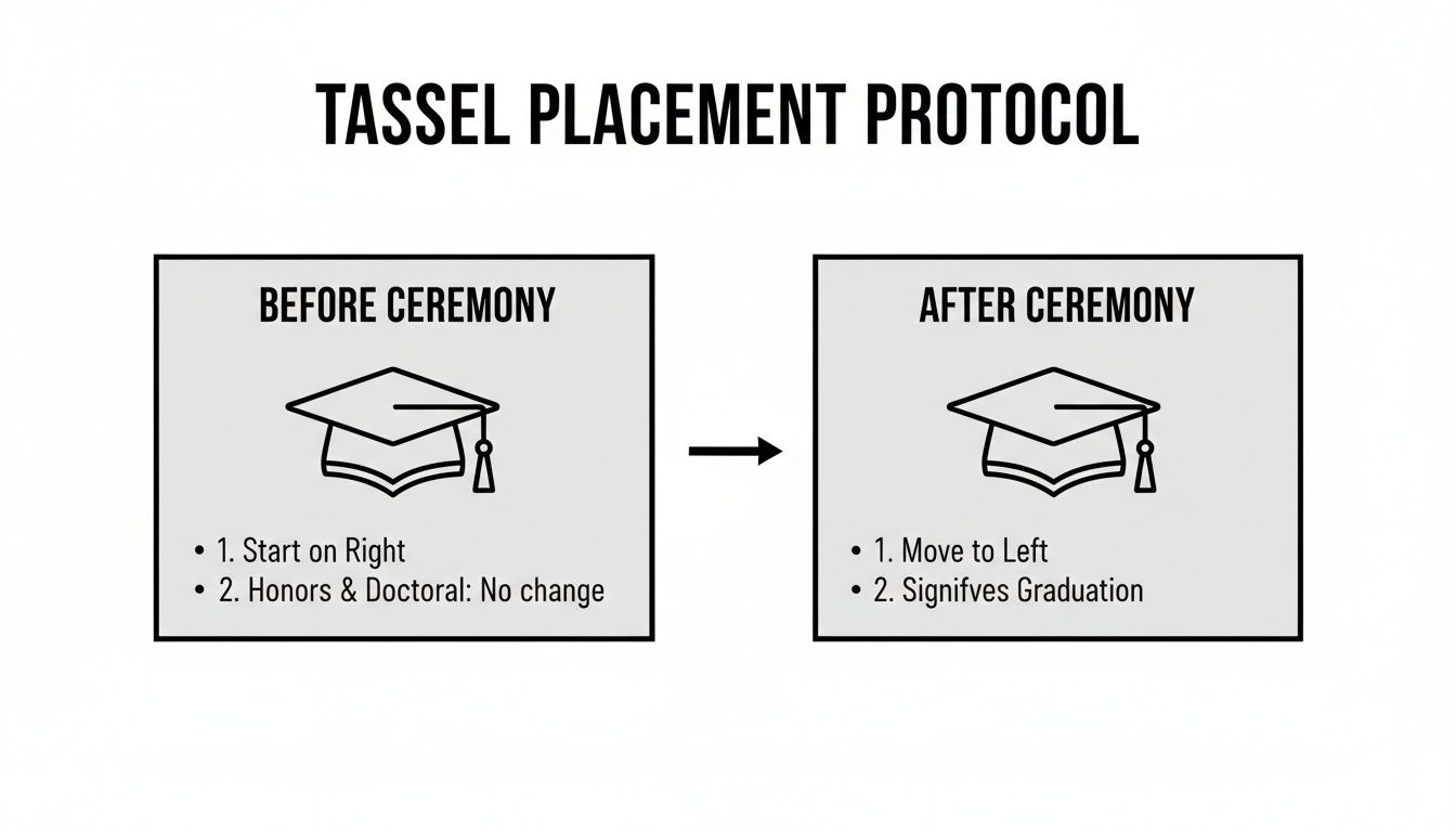 Infographic showing graduation tassel placement protocol, moving from right to left after the ceremony.