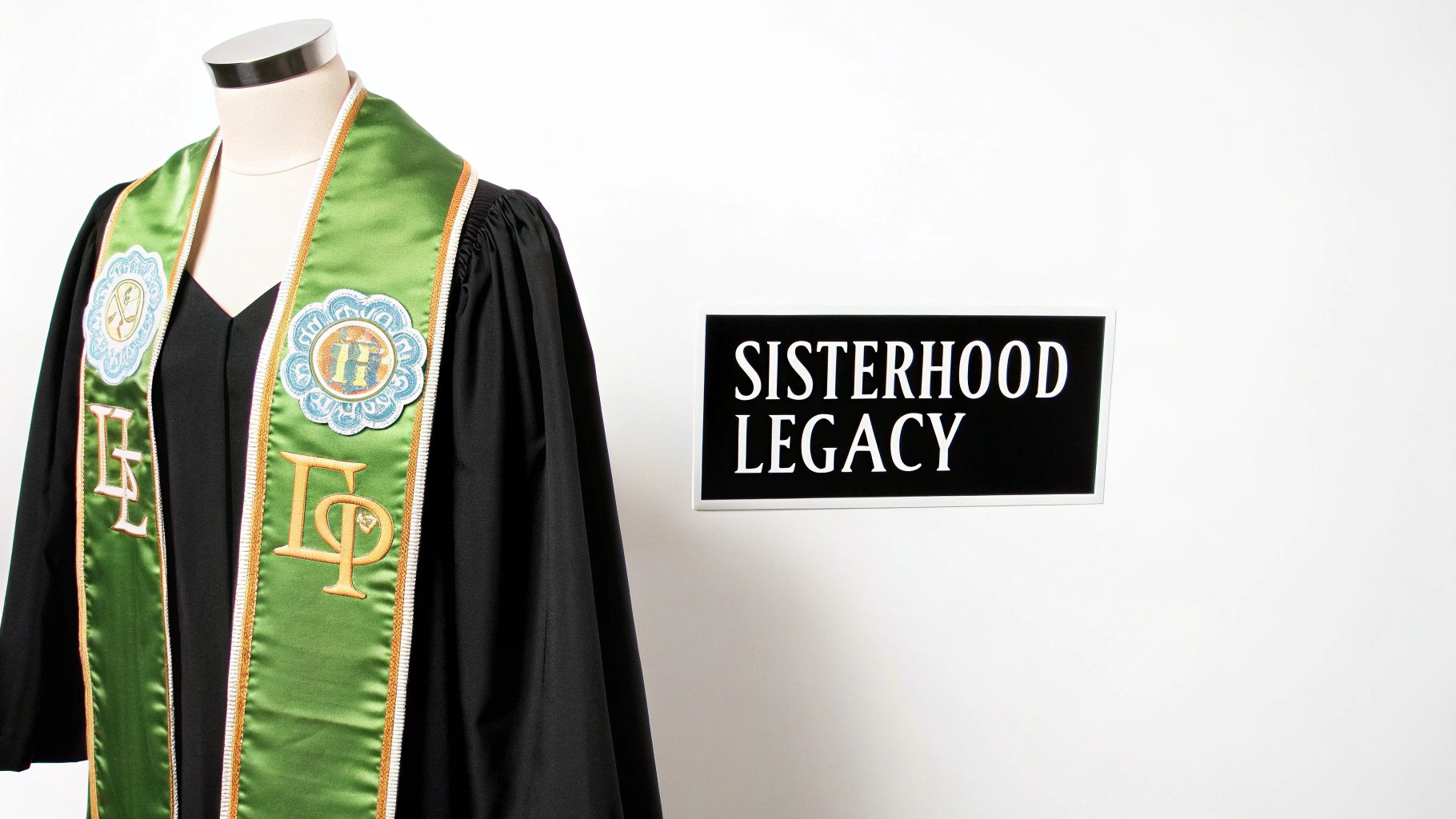 Green sorority graduation stole with embroidered letters and badges on a black gown, next to a "SISTERHOOD LEGACY" sign.