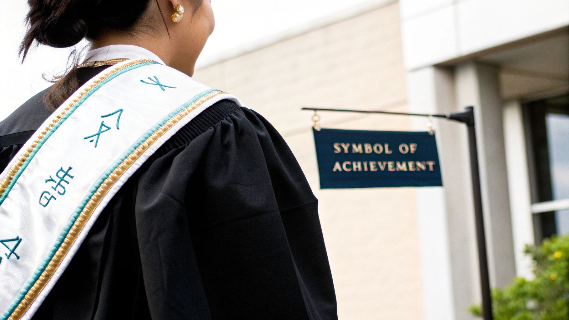 Graduate wearing embroidered ceremonial stole walking past Symbol of Achievement sign at commencement ceremony