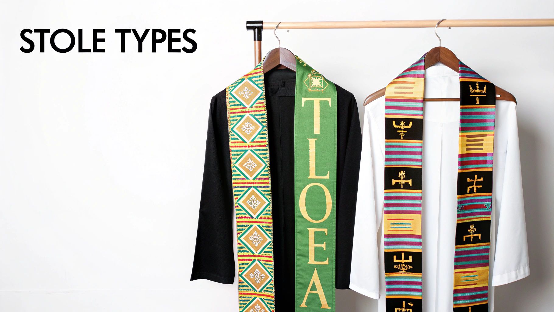 Two colorful graduation stoles hanging on wooden hangers displaying various cultural patterns and designs