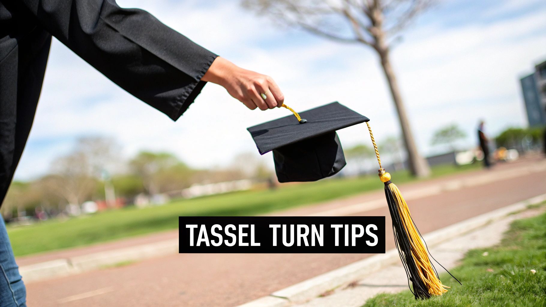 A graduate's hand holds a black graduation cap with a gold and black tassel, with text 'TASSEL TURN TIPS' over it.
