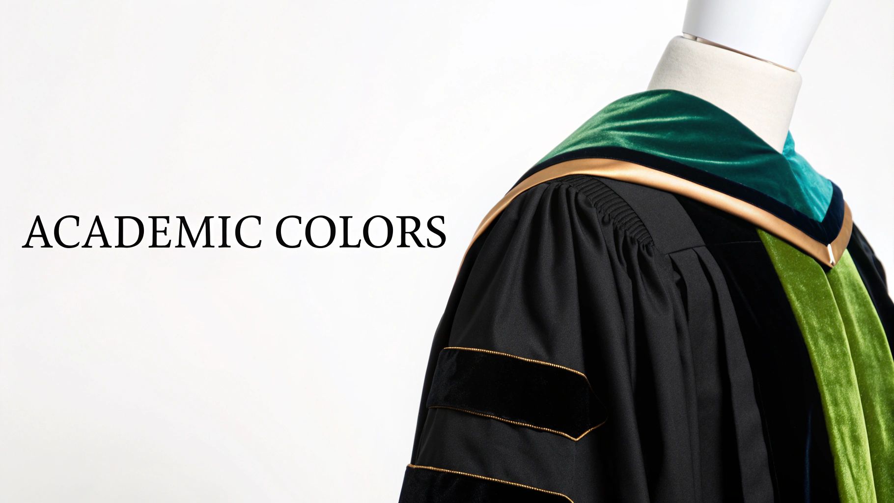 Close-up of academic regalia, featuring a black gown with green and gold velvet accents, on a mannequin.