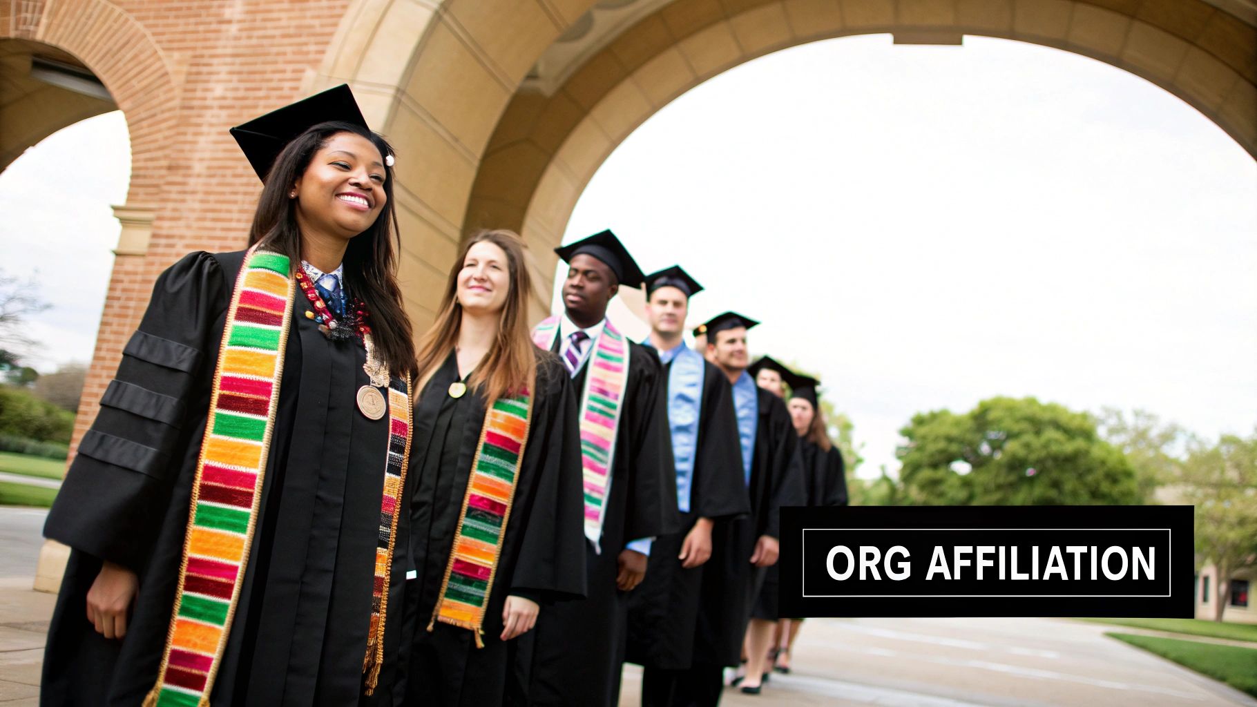 Student wearing a stole representing their organization.