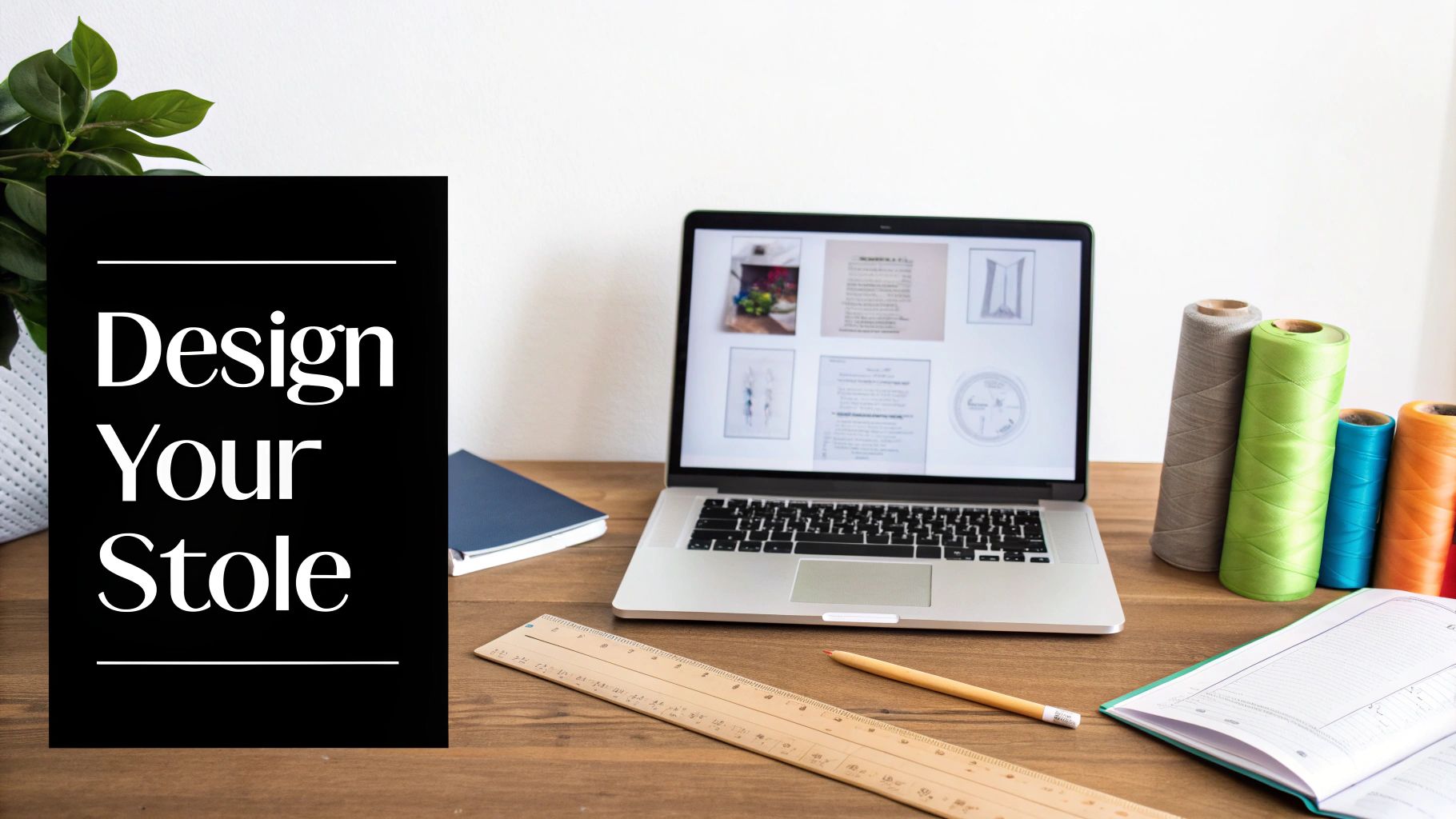 A desk with a laptop displaying design ideas, colorful spools of thread, and a 'Design Your Stole' poster.