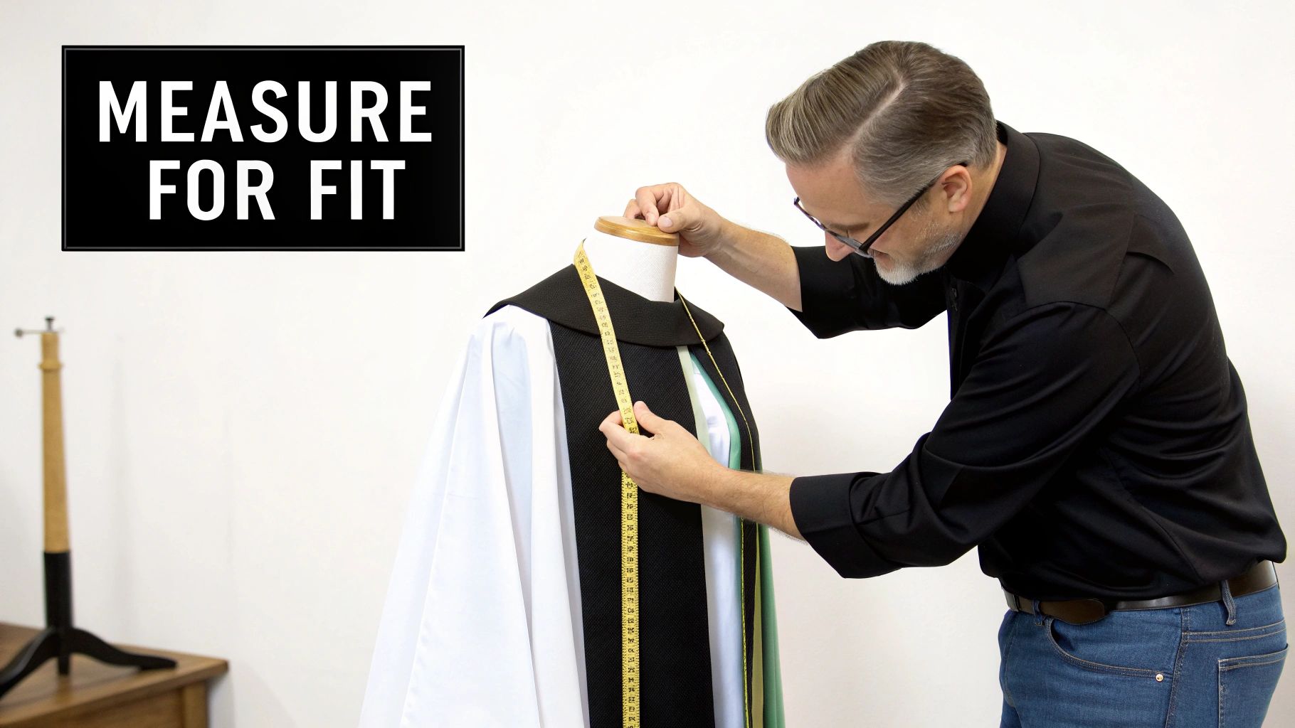A tailor measures a black stole on a white choir robe on a mannequin for a perfect fit.
