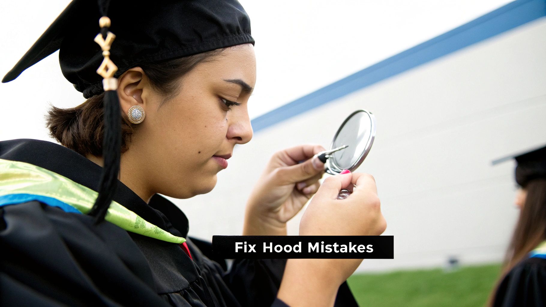 A graduate student in a cap and gown adjusts her hood while looking into a small mirror.