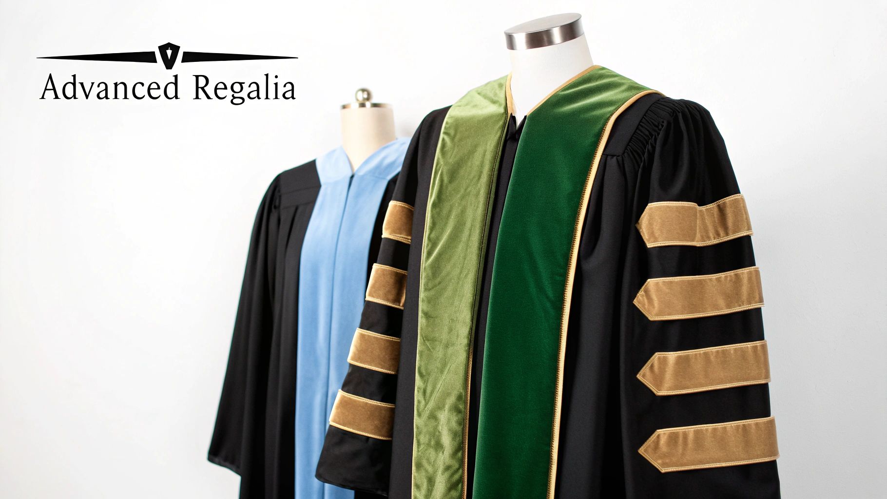 Advanced Regalia showcases various academic graduation gowns, including black with green velvet stoles.