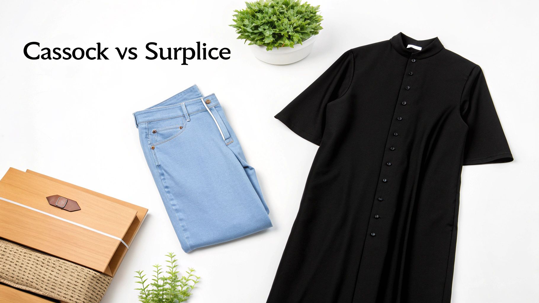 Flat lay contrasting a black clerical garment and blue jeans with decorative elements on white.