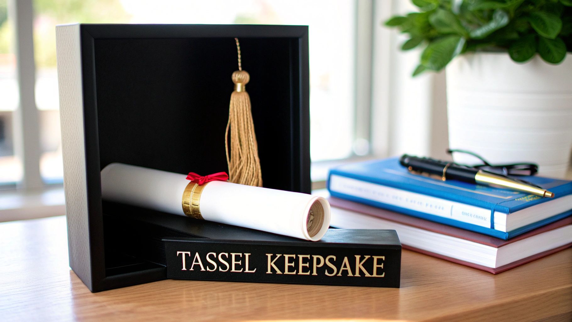 A graduation tassel keepsake box with a diploma, golden tassel, books, pen, and plant.
