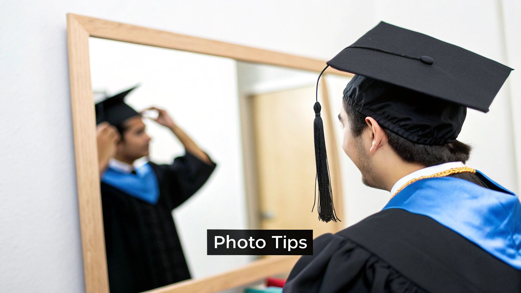 A male graduate student in a cap and gown adjusts his cap while looking in a mirror.