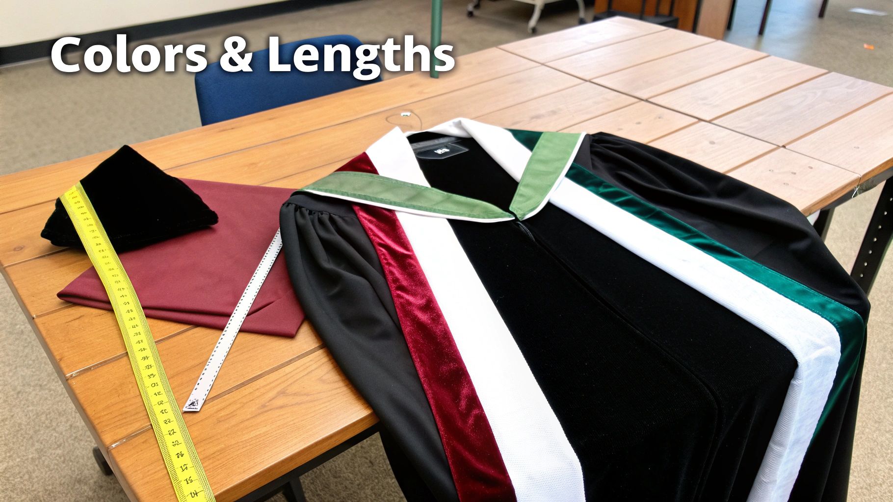 Black academic gown, colorful hood, cap, and measuring tape laid out on a wooden table for fitting.