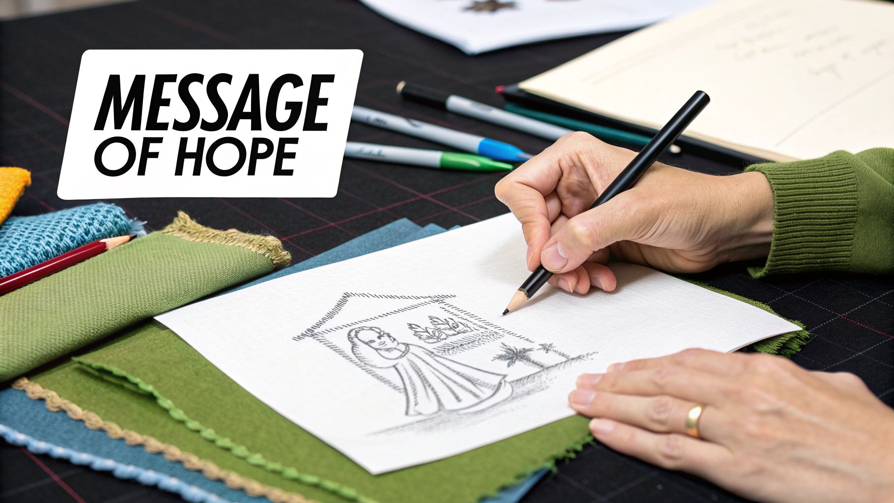 A person's hands drawing a nativity scene on paper with a pencil, surrounded by fabric swatches and art supplies.