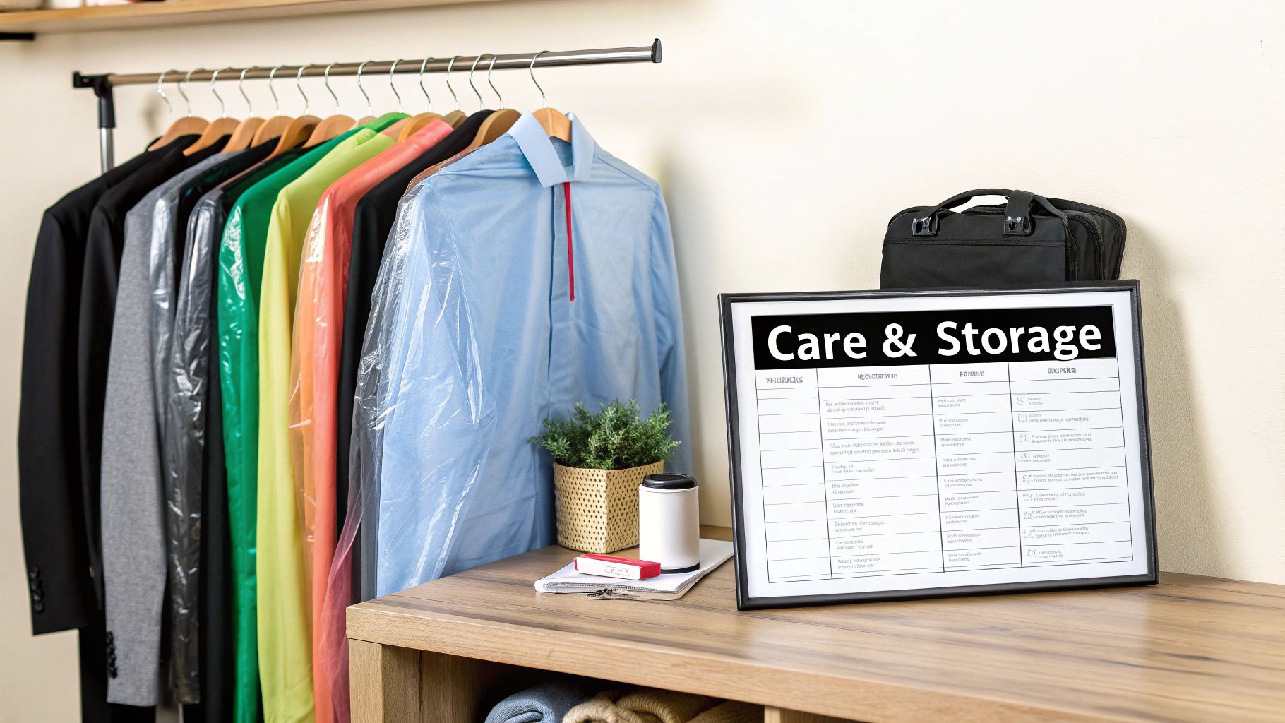 Dry-cleaned clothes on a rack next to a desk with a 'Care & Storage' guide and a plant.