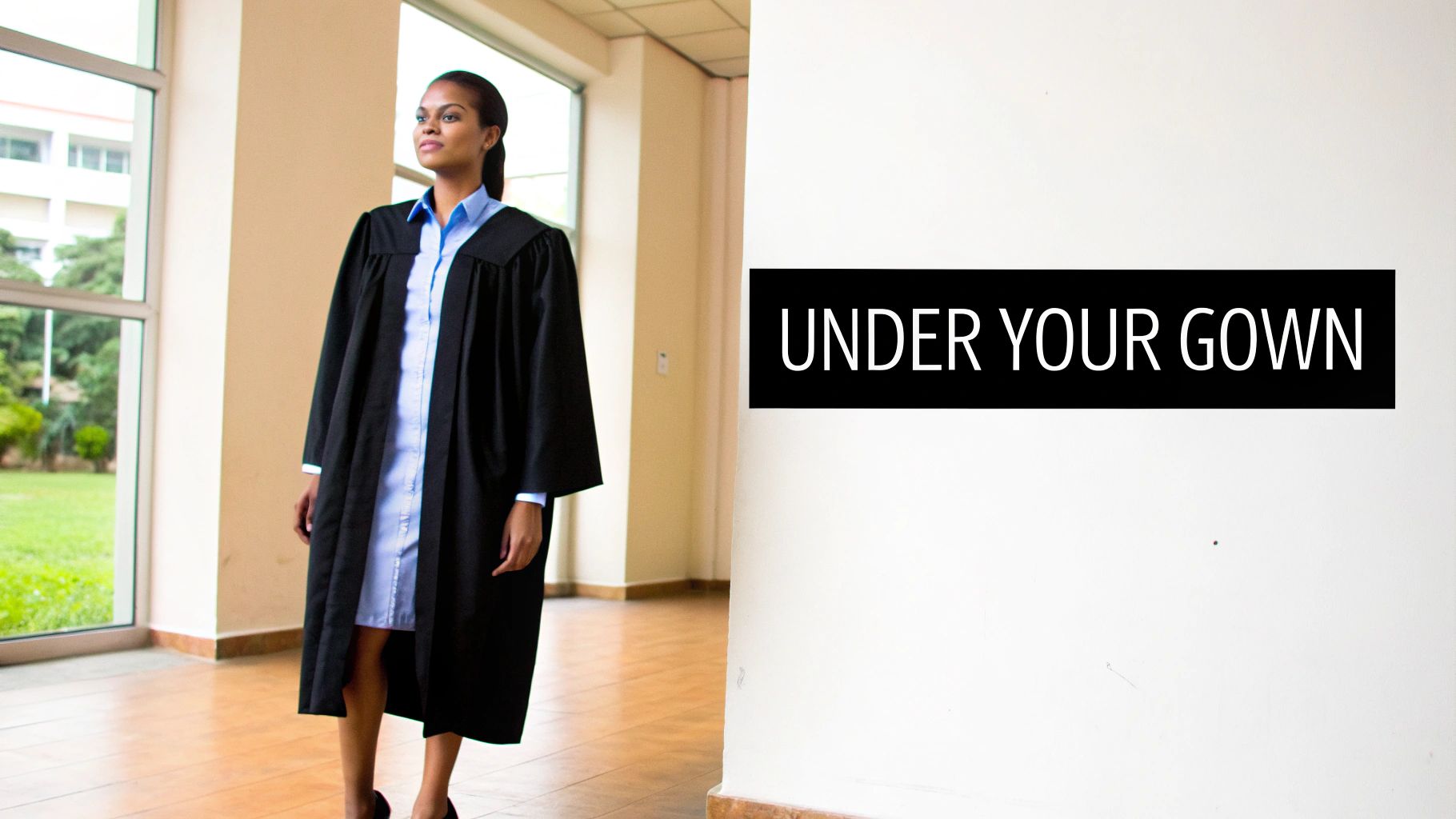 A graduate in a black gown and blue dress stands, with text 'UNDER YOUR GOWN' on the wall.