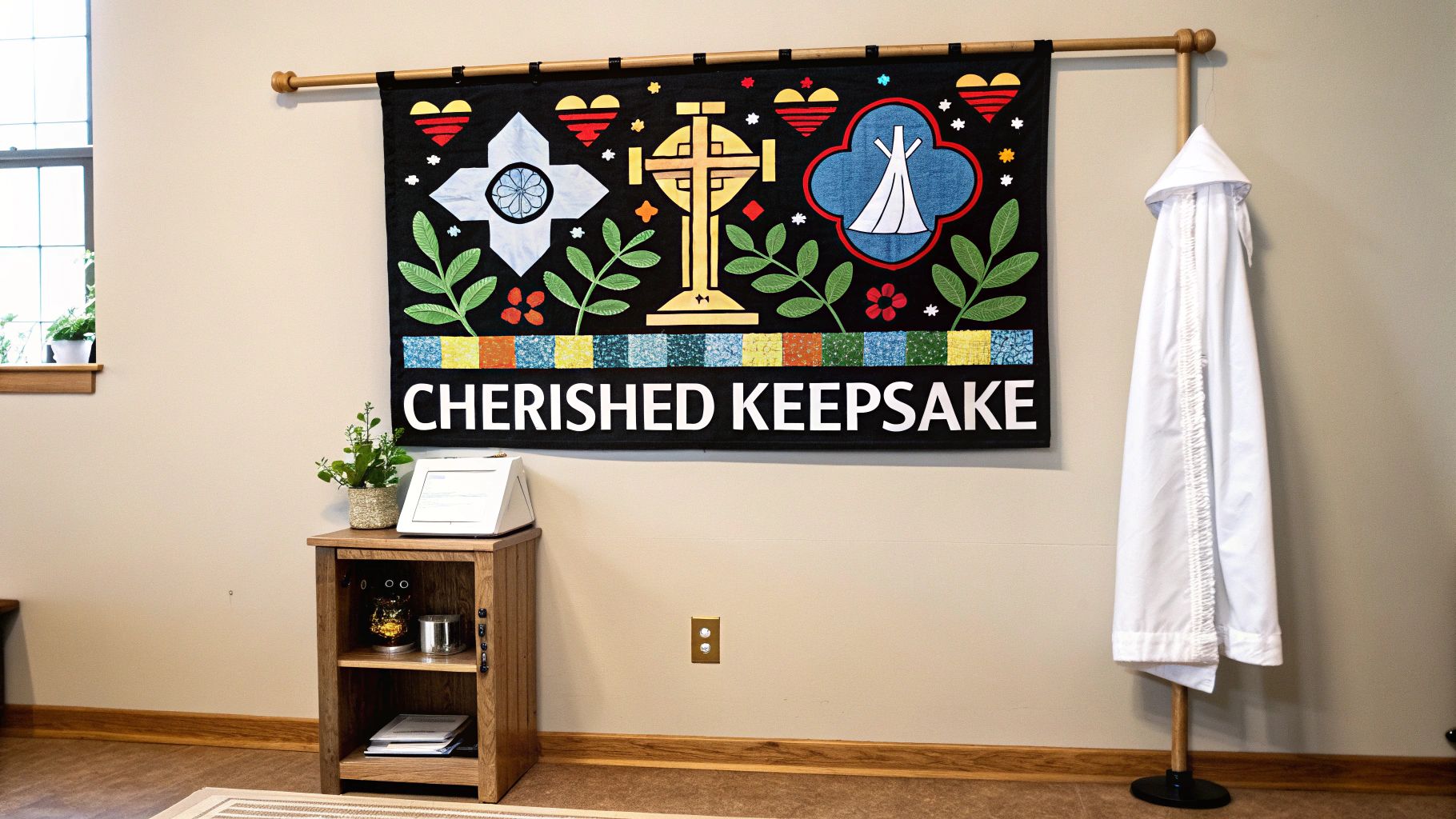 Colorful religious banner featuring a cross, hearts, and "Cherished Keepsake" text, with a white robe nearby.