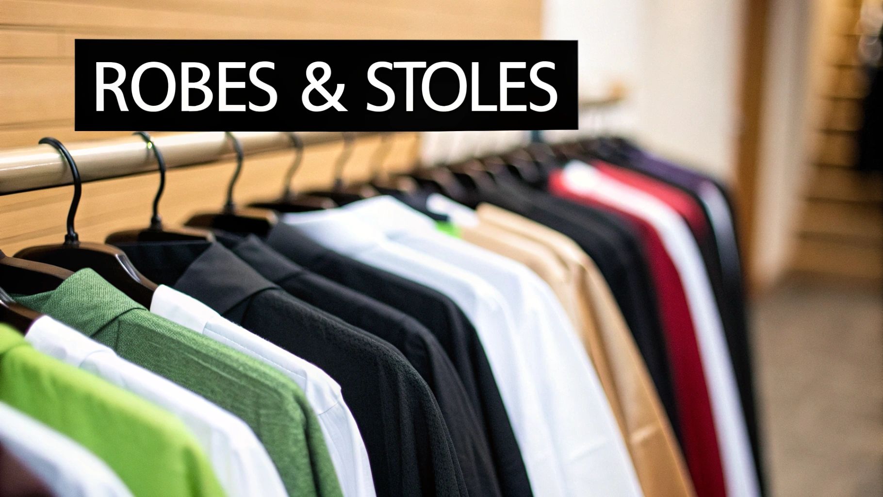 A rack of colorful robes and stoles on hangers in a store, with a 'ROBES & STOLES' banner.