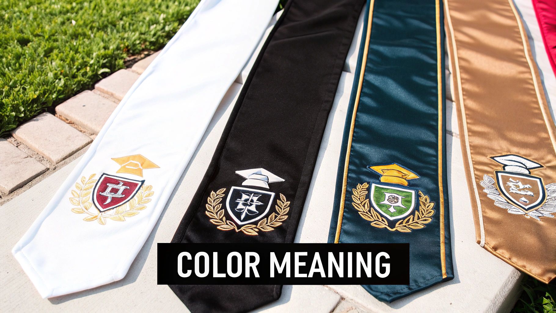 Graduation stoles in various colors, including white, black, teal, and gold, with 'COLOR MEANING' text.
