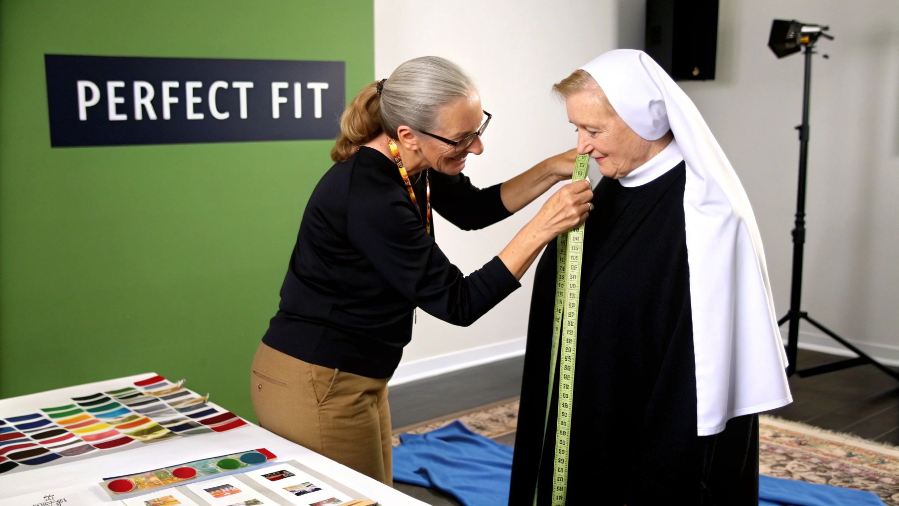 A smiling nun is measured for her habit by a woman with a tape measure.