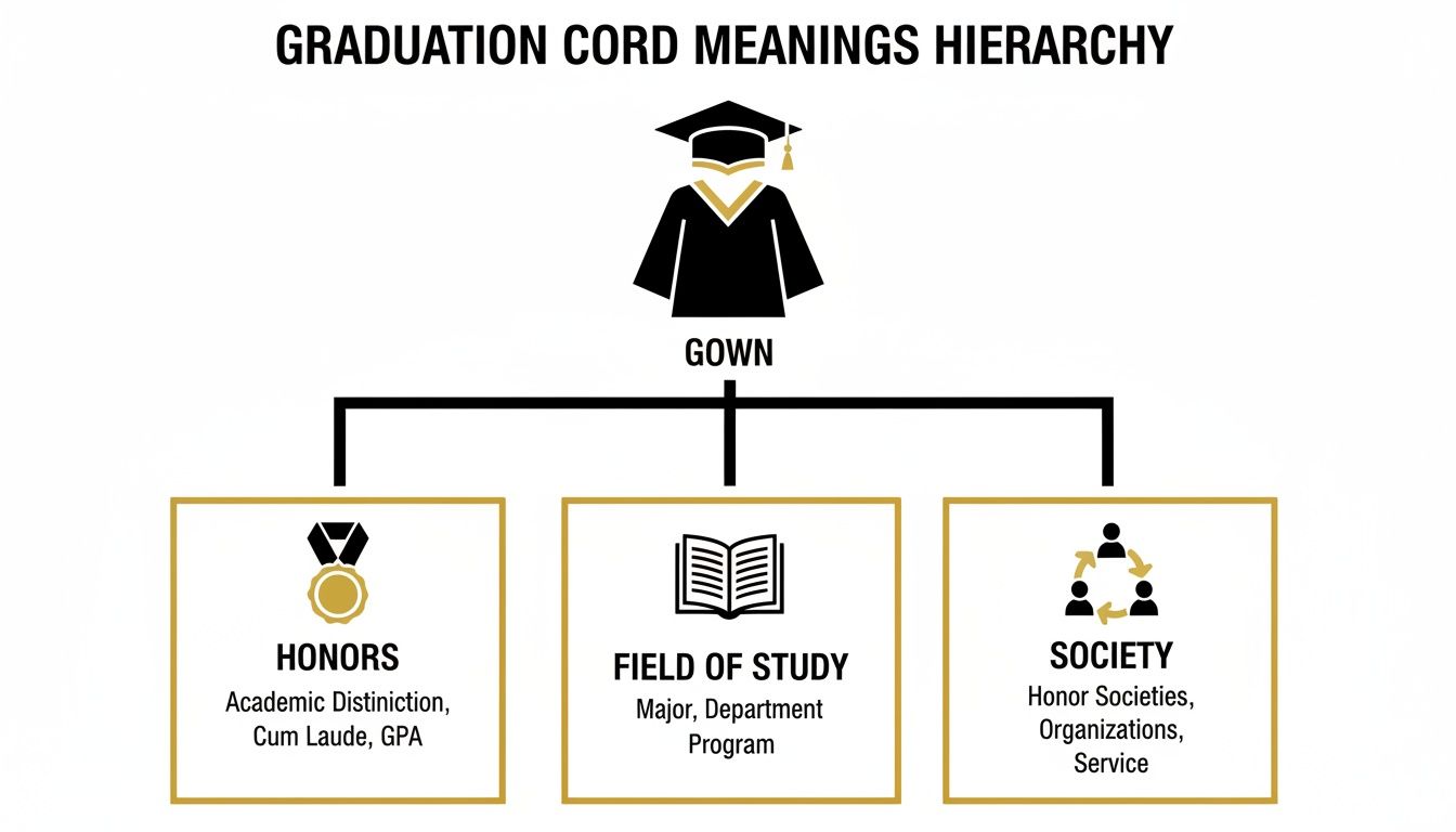 Hierarchy diagram explaining the meanings of graduation cords, categorized into honors, field of study, and society.