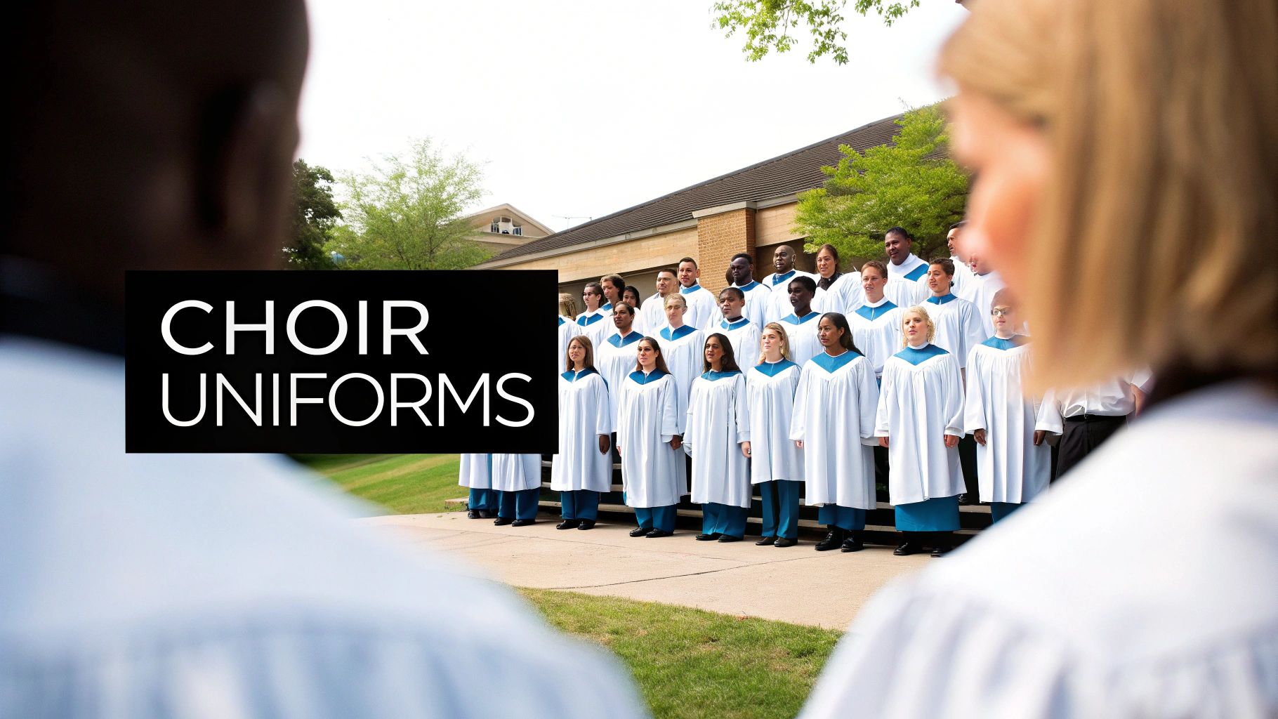 A diverse choir wearing white and blue robes stands outdoors, viewed from behind two people.