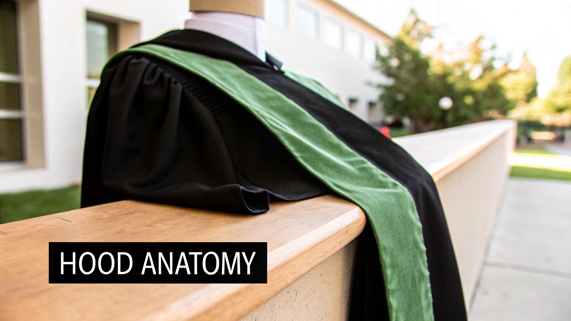 A black academic gown with a green velvet hood draped over a wooden railing outdoors.